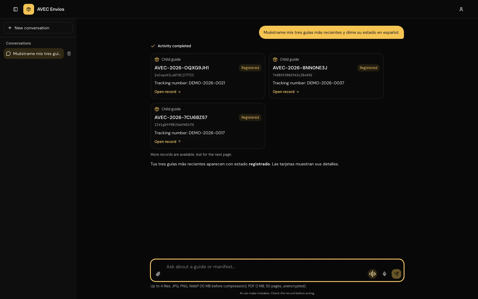 Asistente de IA de RRAV con una conversación sobre envíos